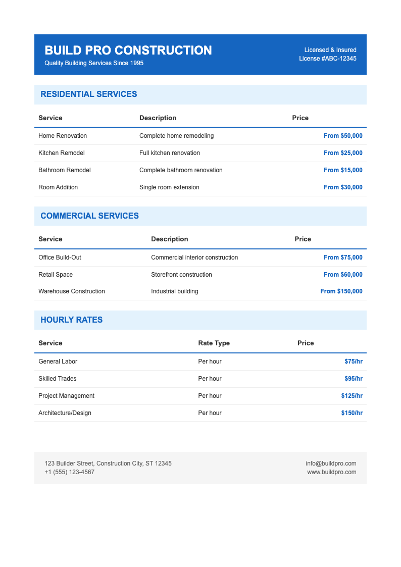 construction company price list Template